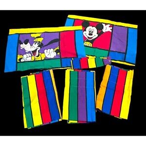 Vtg Disney Rainbow Set 3 Striped Valances 17”x78” 2 Mickey Goofy Pillowcases